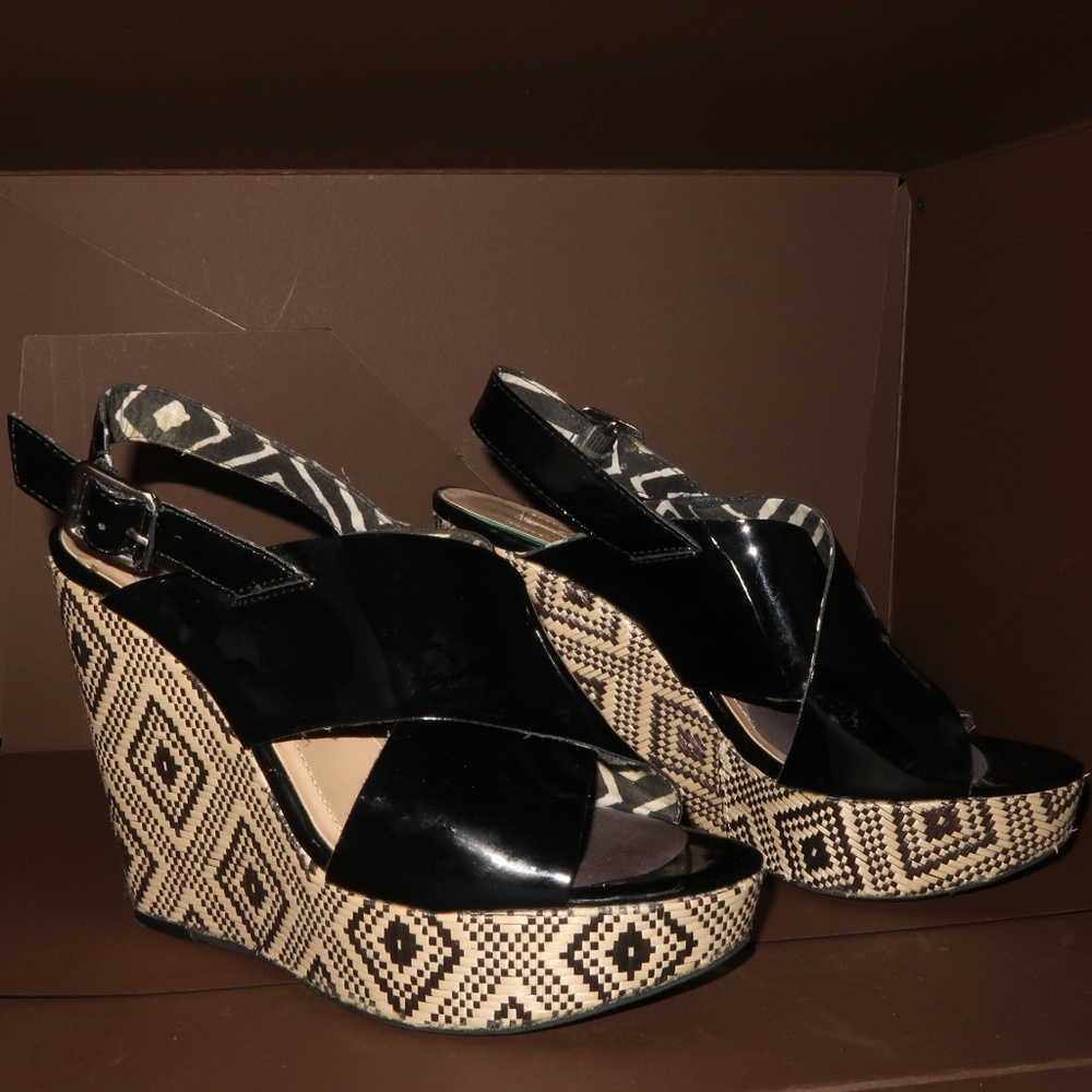 BCBGeneration Black Wide Strap Wedge Sandal